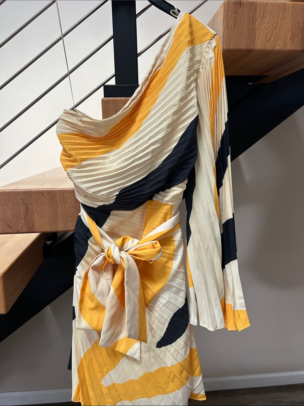 Milly One-Shoulder Pleated Dress in Yellow, Black & Cream